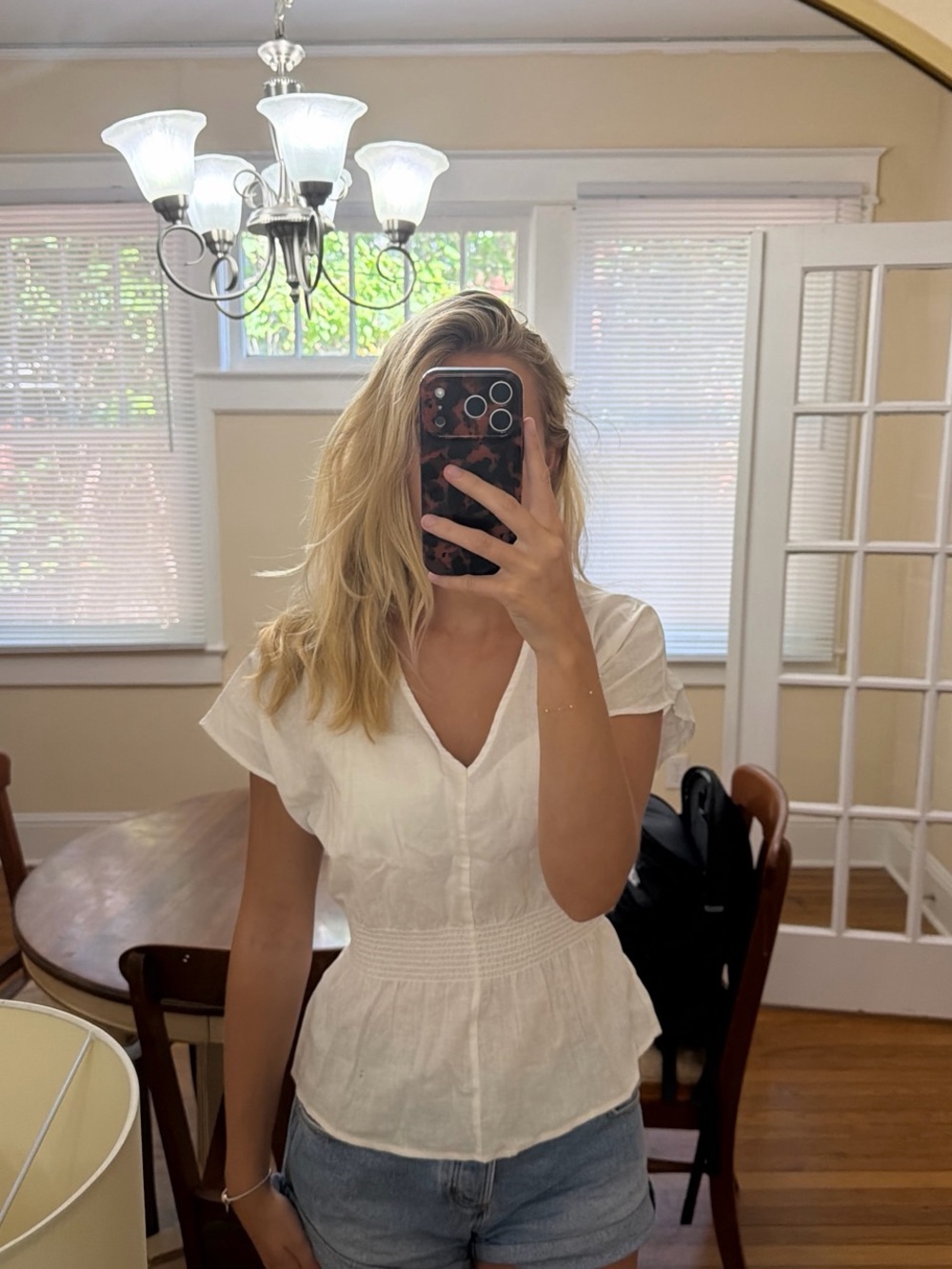 Saks Fifth Avenue White V-Neck Short Sleeve Peplum Top